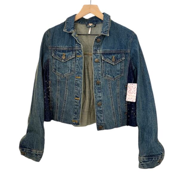 FREE PEOPLE NWT Floral Lace & Dark Denim Jean Jacket – Size XS - Picture 4 of 13